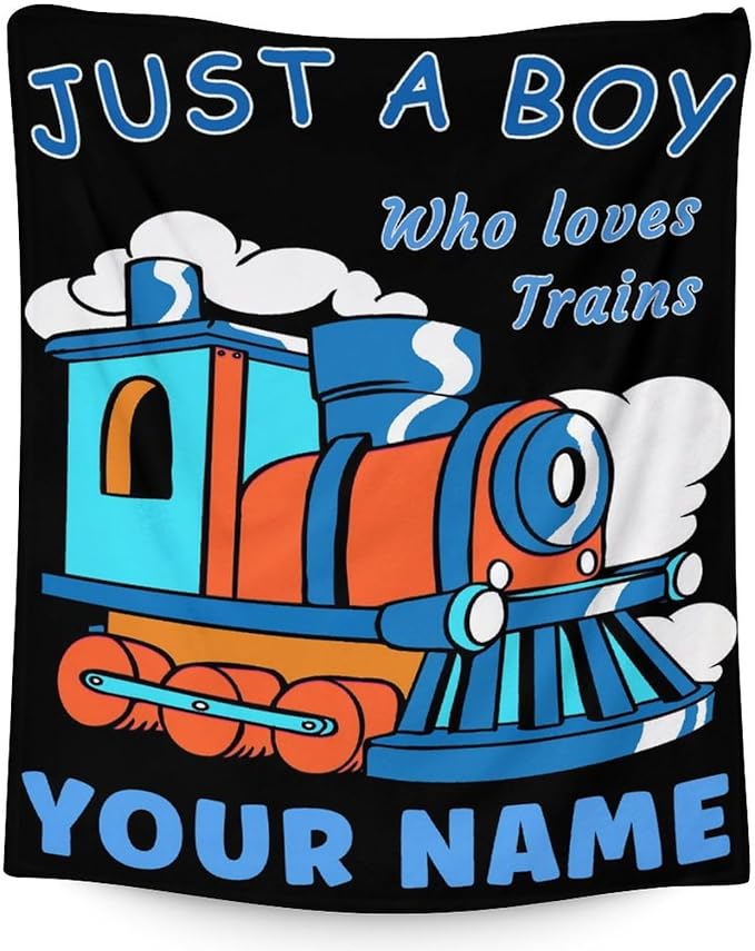 Personalized Train Gifts for Men, Boys - Soft Warm Train Blanket with Name - 50"x60" Inches Blankets for Couch - Black Vintage Throws