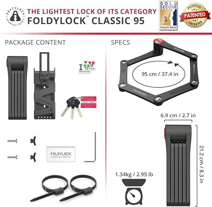 Seatylock FoldyLock Classic Folding Bike Lock - Patented High Security Sold Secure Silver Bicycle Lock - Heavy Duty Anti Theft Secure Guard with Keys & Case Mount - 37.4"