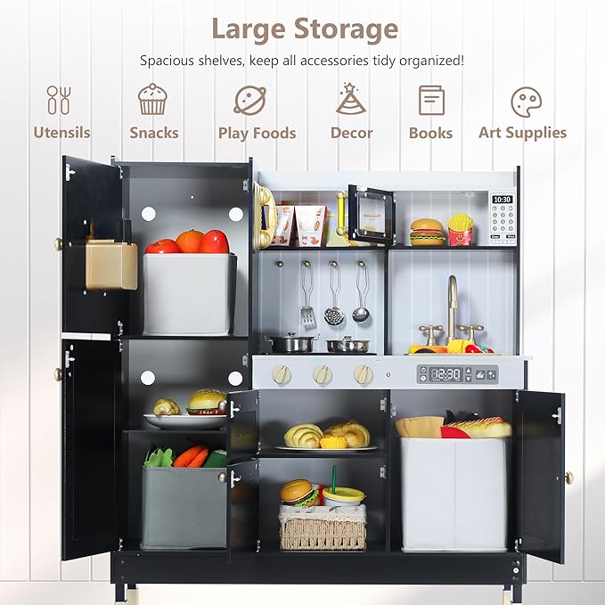 Kinder King Wooden Kids Play Kitchen, Kitchen Playset for Toddler Kid, Play Kitchen Toy Set w/Real Sounds, Pretend Microwave Oven, Ice Maker, Telephone, Gift for Boys Girls Age 3+,Black