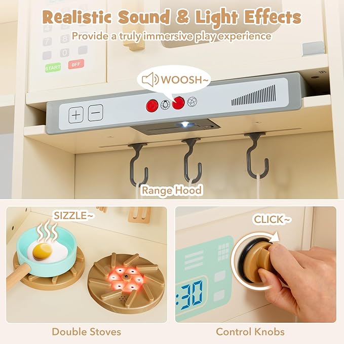 Costzon Corner Kitchen Playset, Kitchen Toy Set w/Real Lights & Sounds, Large Fridge, Ice Maker, Oven, Microwave, Washer, Trash Can & 22 Accessories, Wooden Pretend Play Kitchen for Kids 3+ (Beige)