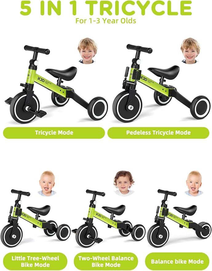 ﻿XJD 5 in 1 Toddler Bike, Tricycle for Toddlers 1-3 with Adjustable Seat Height, Removable Pedals, Ideal Balance Bike Birthday Gifts and Toys for Boys and Girls