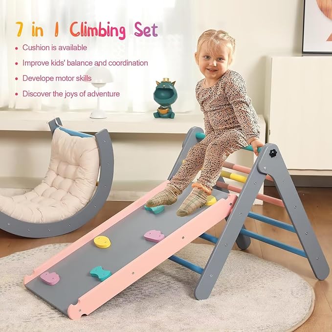 Pikler Triangle Set with Cushion, 7 in 1 Toddler Climbing Toys Indoor, Montessori Foldable Climbing Set, Wooden Climbing Toys for Toddlers Inside with Ramp, Arch and Ladder (Rainbow with Blue)