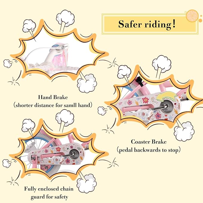 RULLY Daisy Kids Bike for Girls Ages 2-9 Years, 12 14 16 18 Inch Princess Girls Bicycle with Doll Bike Seat, Training Wheels, Basket and Streamers, Kids Cycle Bikes, Multiple Colors