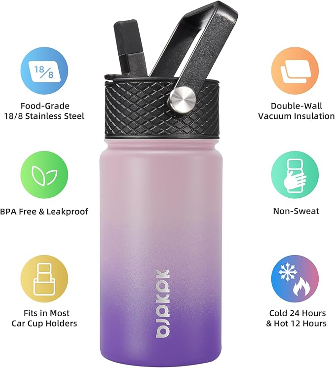 BJPKPK Water Bottle with Straw Lid, 15 oz Insulated Water Bottle, Stainless Steel Metal Water Bottles, Reusable Leak Proof BPA Free Thermo, Flask, Cups,Violet