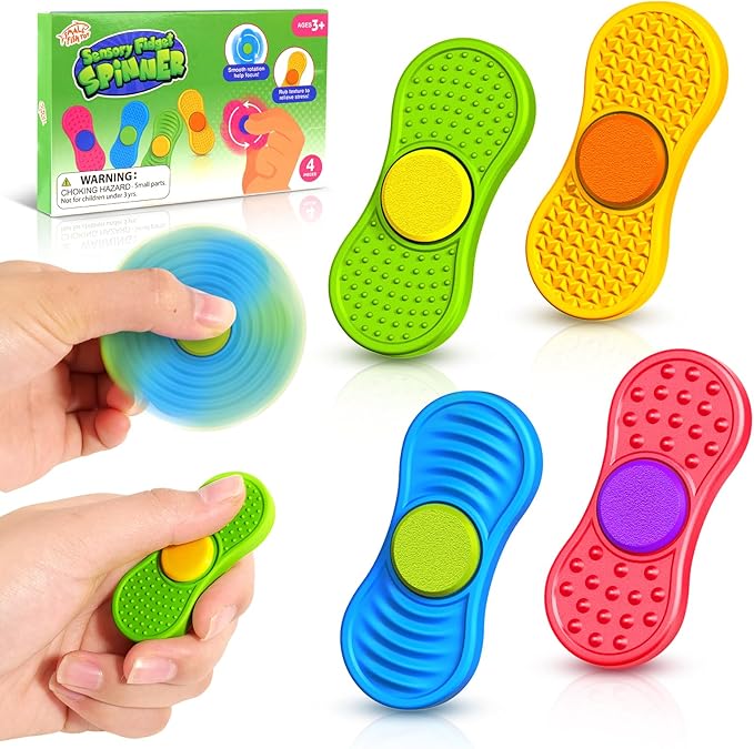 Sensory Fidget Spinnes for Kids Adults：Textured Finger Fidgets 4 Pack, Quiet Classroom Prize, Worry Stones for Kids with Autism ADHD, Anxiety Relief Office Desk Stress Toys Stocking Stuffers