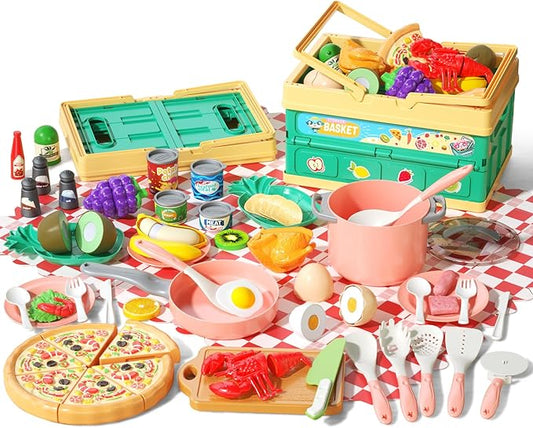 80pcs Pretend Play Kitchen Set for Toddlers, Kids Cookware Playset with Pots/Pans/Food/Fruits/Vegetables/Picnic Blanket/Storage Basket, Pink Educational Learning Toy Gift for Boys & Girls