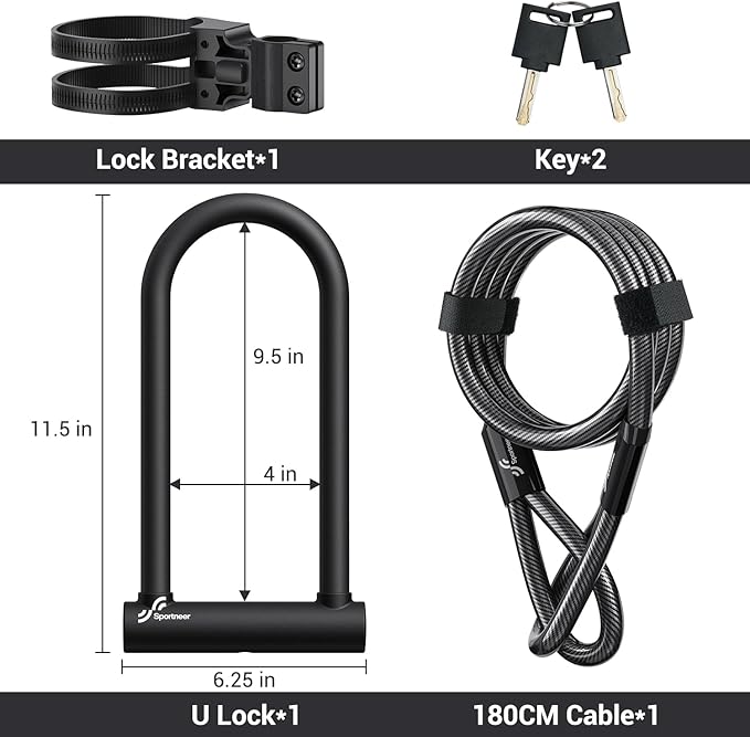 Sportneer Bike Lock: Heavy Duty Bike U Lock with 6ft Security Steel Cable - 18mm Shackle Bicycle U-Locks with Keys and Sturdy Mounting Bracket for Road Mountain Bike Bicycle, Size 11.5''x6.25''