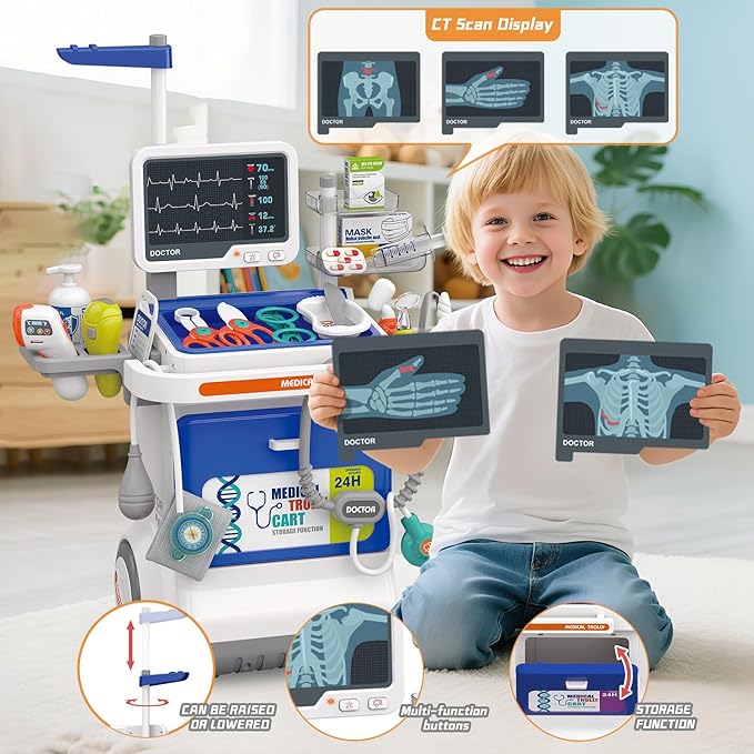 Doctor Kit for Kids Pretend Medical Station Set for Boys & Girls Mobile Cart with Kids Play Set for Ages 3 and Up Children Role Play Educational Toys (Blue)