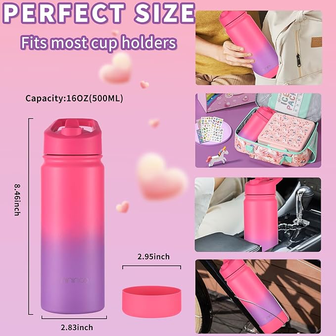 mininoo Girls Water Bottle for School, 16oz Stainless Steel Insulated Metal Water Bottle with Straw Lid for Boys (2 Pack)