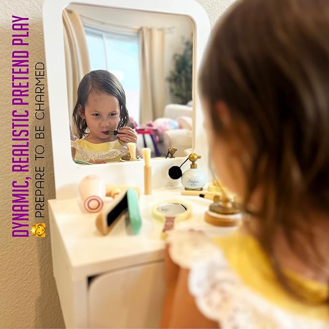 Montessori Mama Makeup and Salon Set - Wooden Pretend Play Beauty Play Makeup Kit with Styling Tools and Cosmetics - Pretend Makeup for Toddlers for 4 Year Old Girl