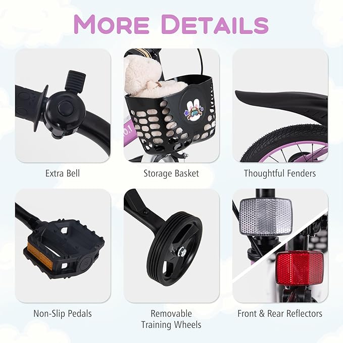 BABY JOY Rabbit Pilot Sporty Kids Bike, 12 14 16 18 Inch Child Bike for 3-8 Years Old with Adjustable Height, Training Wheels, Storage Basket, Handbrake & Coaster Brake, Kids Bicycle for Girls Boys