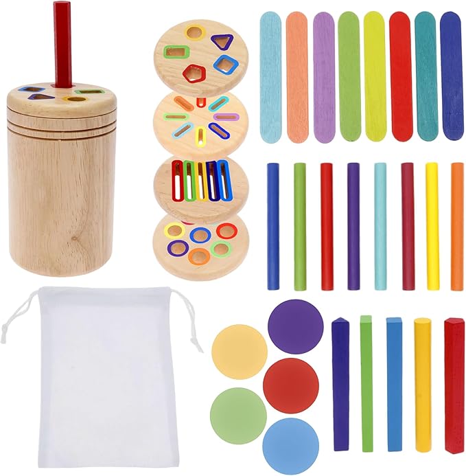 Shapes and Color Sorting Toys, 4 In1 Wooden Learning Color Sorting Toy Wood Montessori Game Set Sensory Educational Toys for Toddlers