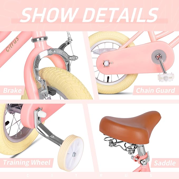 Girls Bike for Age 2-12 Years Old Kids Toddlers 12 14 16 18 20 Inches Retro Bicycles with Training Wheels Basket Bell Ring, Multiple Colors