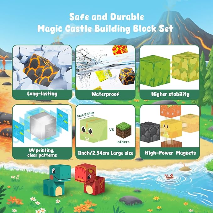 Magnetic Blocks— 120PCS Magnet Toys for Kids, Magnetic Building Blocks Cubes, Montessori Sensory Stacking Magnets, School STEM Toys Birthday Gifts for Boys and Girls Age 3+ Years Old (Dinosaur)