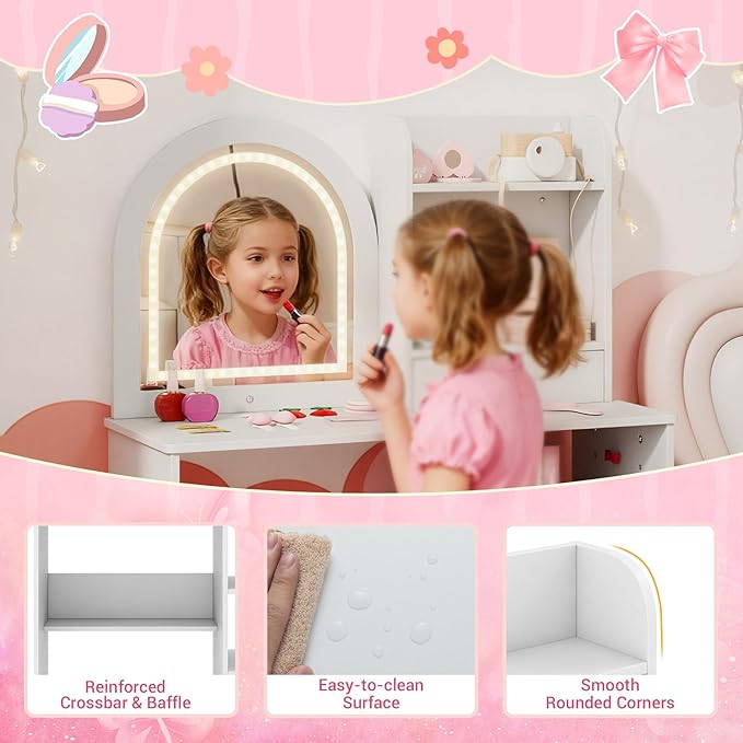 Costzon Kids Vanity with Lights, Girls Vanity Set with Mirror, Storage Drawer, Hooks & Shelves, Toddler Makeup Vanity Desk Dressing Table, Wooden Kids Vanity Table and Chair Set (White)