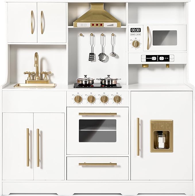 Kinder King Wooden Kids Play Kitchen, Toy Kitchen Playset for Toddler, Play Kitchen Set w/Real Sounds, Pretend Coffee Machine, Kitchen Hood, Sink, Ice Maker, Gift for Boys Girls Age 3+, White