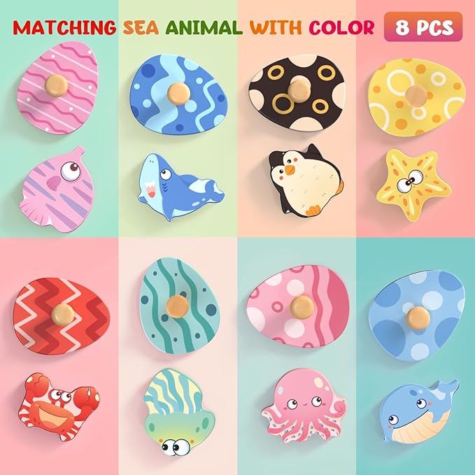 Wooden Puzzles for Toddlers, 8 Pcs Sea Animal Matching Egg Puzzle, Montessori Toys for Boy Girl Easter Birthday Gifts, Preschool Learning Activities & Educational Toys for Boys, Girls
