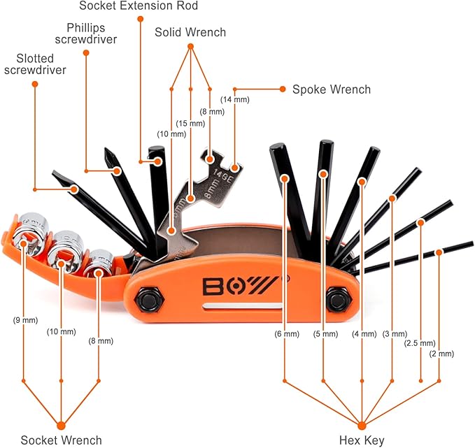 Bike Tool Kit Set, Portable Bike Repair Kit include 16 in 1 Multi Tool, 2 iron Tire Levers and 5 Pre-glued Patch Tire Patch, Metal Files, All in One Mini Tool Bag