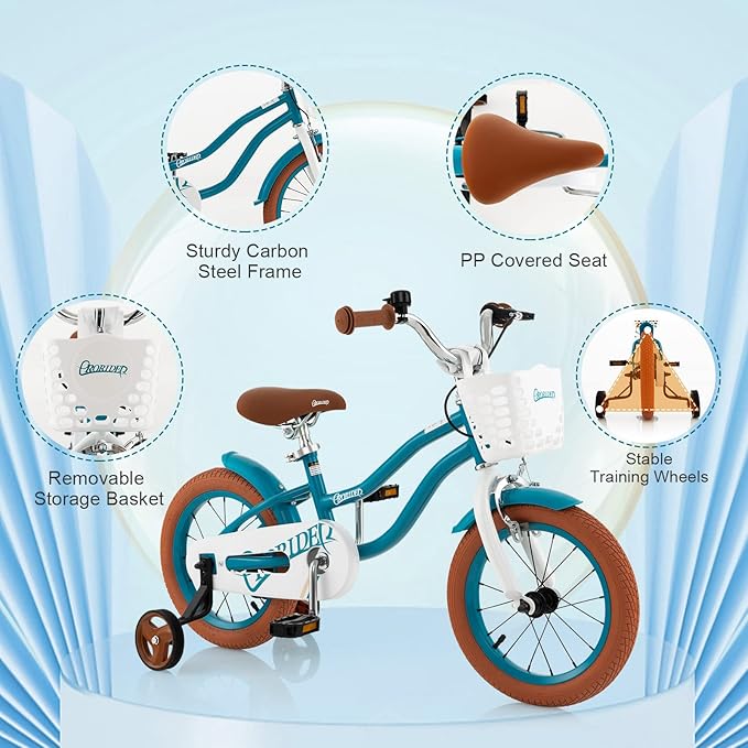 BABY JOY Kids Bike, 12 14 16 18 20 Inch Boys Girls Bike w/Adjustable Seat, Removable Basket, Handbrake & Coaster Brake, Training Wheels or Kickstand, Kids Bicycle with Multi-Color