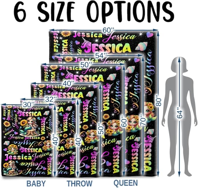 Custom Girl Blanket with Name Personalized Cute Mermaid Blanket for Newborn Customized Soft Flannel Throw Blanket Memorial Gift for Toddler on Birthday Baby Shower Christmas