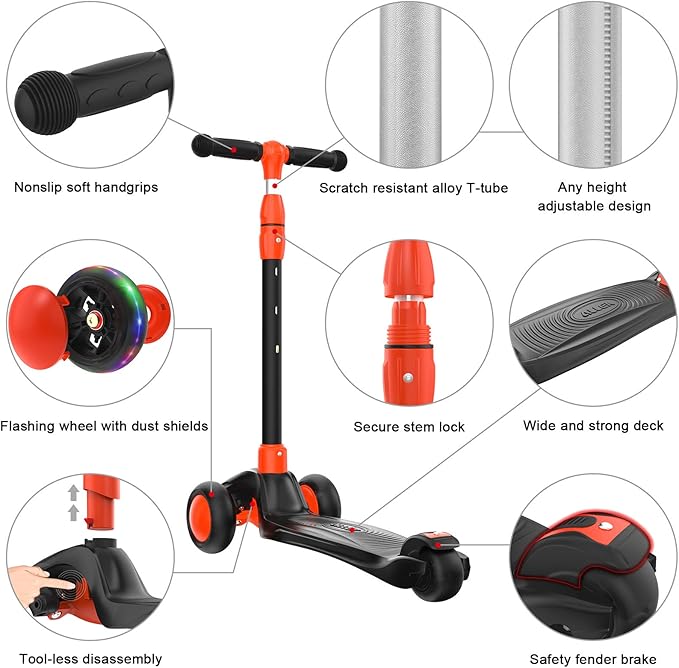 Allek Kick Scooter B03, Lean 'N Glide 3-Wheeled Push Scooter with Extra Wide PU Light-Up Wheels, Any Height Adjustable Handlebar and Strong Thick Deck for Children from 3-12yrs (Black-Red)