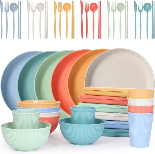 Wheat Straw Dinnerware Sets, Unbreakable Dinnerware Set for 6,Reusable Lightweight Tableware Dinner Dishes, Bowls, Cups, tableware, 24pcs Dinnerware Microwave & Dishwasher & Kids Safe
