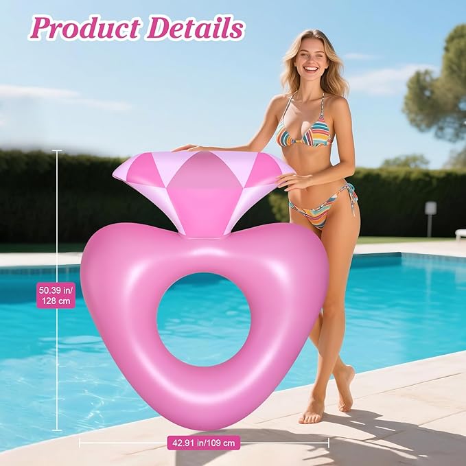 HeySplash Pool Floats, Inflatable Diamond Ring Pool Float, Large Engagement Ring Floatie for Bachelorette Party, Heart Shaped Swim Tube River Lake Beach Bride Wedding Decor Fun Toy Raft Adults, Pink