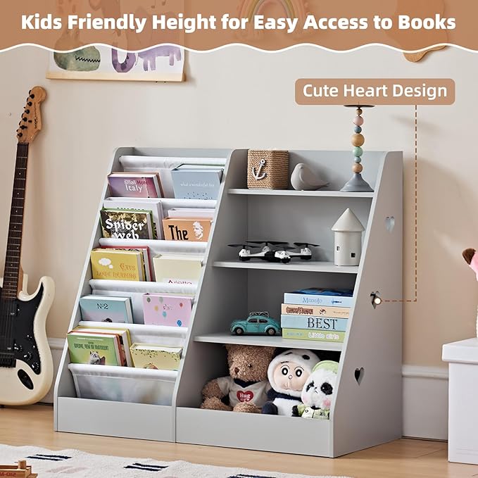 Lerliuo 4 Tier Kids Bookshelf and Storage Organizer, Five Layer Sling Children Bookcase, Baby Toddler Wooden Book Shelf, Display Cabinet for Playroom, Bedroom, Classroom, Nursery, School (Grey)