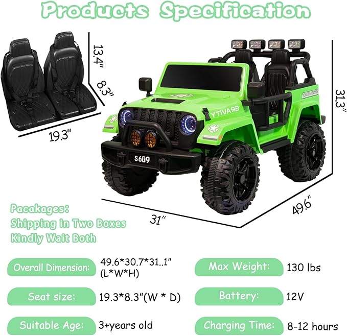 OTTARO 2 Seater Ride on Car Truck, 12V Large Electric Cars Vehicles, 2 Seater Battery Powered Cars for Kids with Remote Control, Spring Suspension, LED Lights, Music(Green)