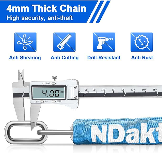 NDakter Bike Chain Lock, 5 Digit Combination Heavy Duty Anti Theft Bicycle Chain Lock,2.62/3.2/4.27/5/6Ft Long Security Resettable Bike Locks for Bike, Bicycle, Scooter, Door, Gate, Fence-4/6mm Thick