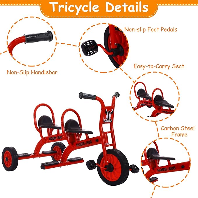 Kids Tricycle for Ages 3-8, Double Kids Trike Bike, Preschool Daycare Outdoor Tandem Bike with Airless Rubber Tires, Two-Seater and Non-Slip Pedals, Gift for Boys and Girls