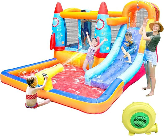 Inflatable Water Slide - Bounce House for Kids,Bouncy Castle for Kids Outdoor,Water Bounce House with Slide,Inflatable Water Park,Rocket Bounce House with Blower