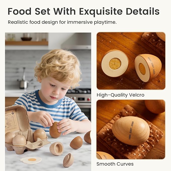 Tiny Land Wooden Egg Toy Set for Kids – 6-Piece Pretend Play Food with Cutting Eggs, Fried Egg & Realistic Carton – Montessori Kitchen Toys for Toddlers