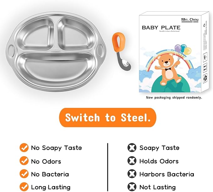 Stainless Steel Baby Suction Plates: Divided Plates for Babies & Toddlers, BPA-Free, Dishwasher Safe, Orange