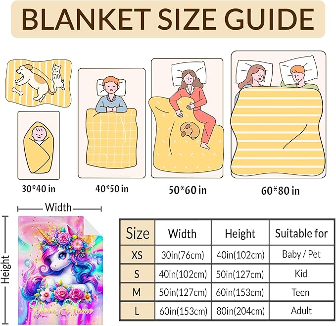 Personalized Blanket for Girls Kids Teens, 50"x40" Unicorn Throw Blanket Gifts for Girls Age 6-8, Custom Soft Flannel Snuggle Throws for Couch Sofa Bed Travel