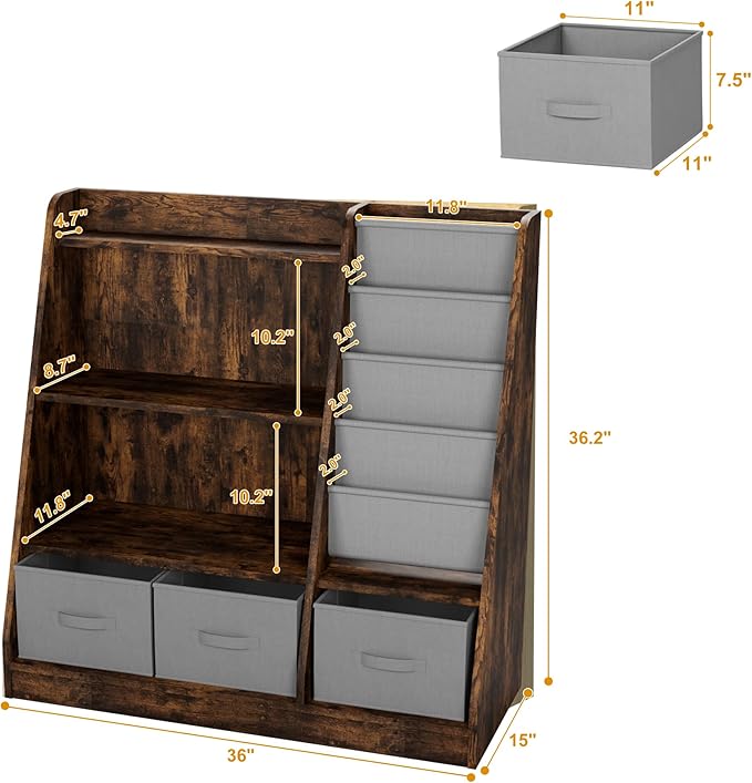 Rustic Kids Bookshelf Wood Montessori Toy Storage Organizer Cabinet Shelf Child Bookcase Toddler Baby Sling Book Rack 3 Cube Bin Fabric Drawers for Playroom Bedroom Nursery School