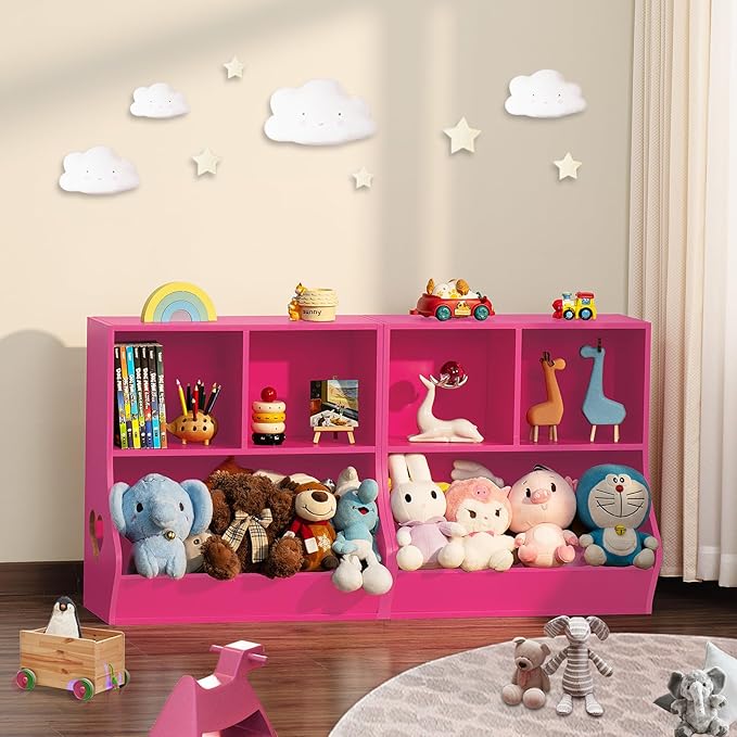 Lerliuo Baby Toddler Bookshelf and Storage Organizer, Kids Cabinet and Bookcase, Wooden 3 Cubby Children Book Shelf for Playroom, Bedroom, Nursery, School 23.62'' H (Pink)