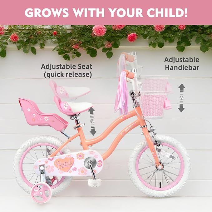 Glerc Petal Girls Bike, 12-18 Inch Kids Bike for Ages 2-9 Years Old Children, Princess Style Kids Bicycle with Training Wheels & Basket & Streamers, Multiple Colors