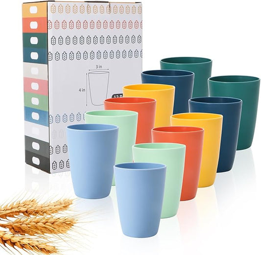 Lazycorner Wheat Straw Cup 12 Pcs Drinking Glasses Unbreakable Drinking Cup Reusable Water Plastic Glasses Tumblers with 6 Colors (12 oz)
