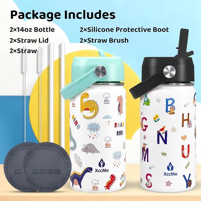 2Pack Kids Water Bottle With Straw Lid,14 oz Stainless Steel Travel Bottle,Double Wall Leak Proof Kids Cup,Insulated Tumbler for Toddlers,Metal Bottle for School Boys Girls(Alphabet+Dinosaur)