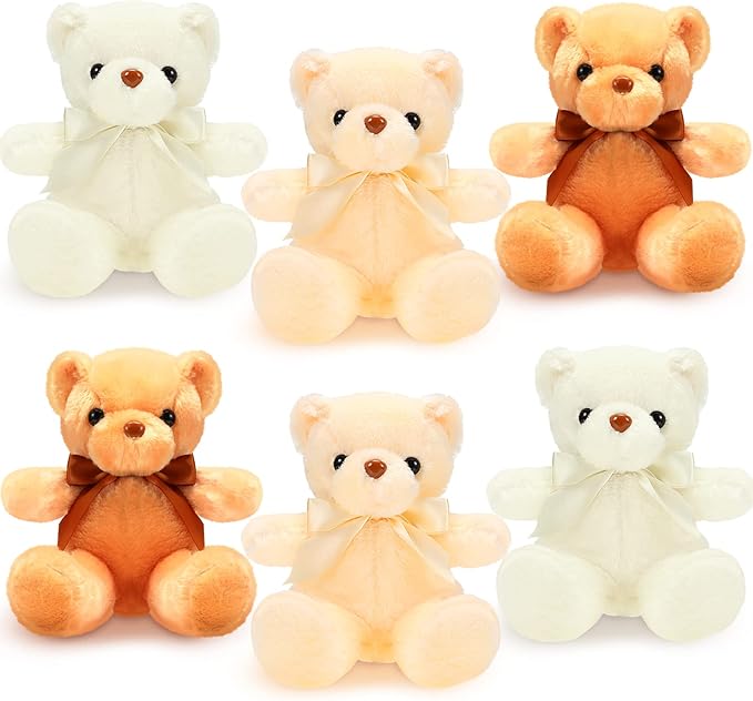 HyDren 6 Pcs Bear Stuffed Animal Plush Toys Soft Plush Dolls Bear Sleeping and Playing Toys for Baby Shower Decoration Boy(Short Plush,Dark Brown, Brown, Beige)