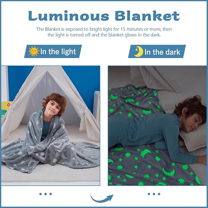 QSTEHEML Moon Glow in The Dark Blanket,Star Gifts Toys for Kids Boy Birthday Christmas Bedroom Decor for Age 3-12 Years Old Toddler Teens Child Grandkids Soft Luminous Blanket 50"×60"