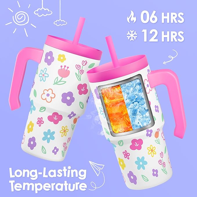 Floral Tumbler 20oz with Handle and Silicone Straw Lid for Kid, Insulated Stainless Steel Cup, Gift for Kids Girls, Gifts Idea for Birthday Christmas Back to School