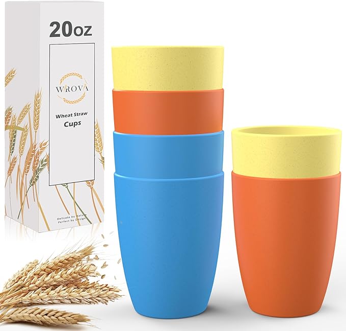 unbreakable wheat straw cups 20oz set of 6 with textured pattern anti slipping,big plastic drinkings cups microwave safe and dishwahser safe. Yellow-Orange-Blue