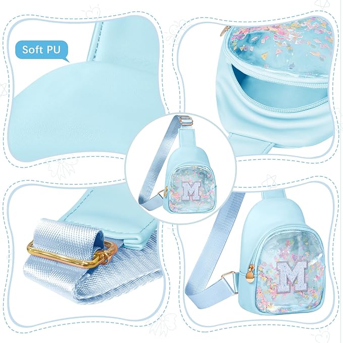 COSHAYSOO Personalized Christmas Birthday Gifts Burr Basket Stuffers for Girls Blue Purse Sling Bag Crossbody Girl Cute Funny Cool Mini Travel Fashion Accessories Monogrammed Initial Letter M