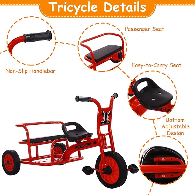 Kids Tricycle for Ages 2-8, Kids Trike Bike, Preschool Daycare Tandem Tricycle with Adjustable Seat, Airless Rubber Tires and Rear Padded Seat, Gift for Boys and Girls