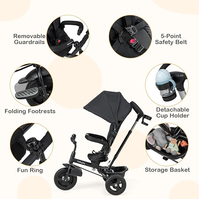 BABY JOY Tricycle, 6 in 1 Tricycle for Toddler w/Reversible Seat, Adjustable Canopy & Parent Handle, 5-Point Safety Belt, PU Wheels and Storage Basket, Push Tricycle for 9-60 Months (Black)