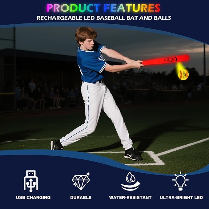 LED Baseball Bat and Ball Set, Rechargeable Glow in The Dark Baseballs (5 Color) | USB Charging, Waterproof | for Night Practice, Backyard Games, Gifts for Boys, Girls, Kids & Adults