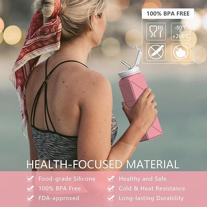 Collapsible Water Bottles with Straw 20.6oz, Silicone Foldable Portable Water Bottle, Lightweight Reusable Leakproof for Travel Camping Hiking Cycling Yoga Sports, 1 Pack (Pink)