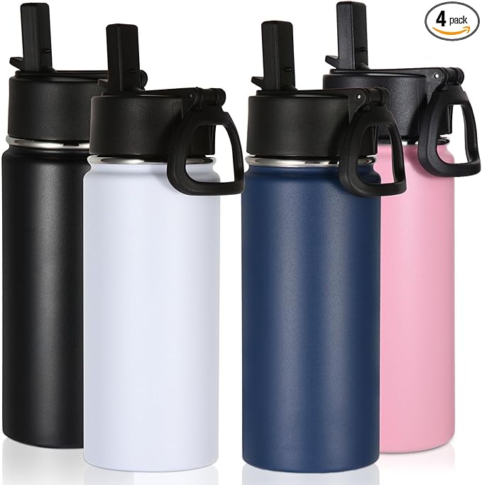 Volhoply 16 OZ Kids Water Bottle Bulk 4 Pack,Insulated Sports Bottles with Straw Lid,Stainless Steel Bottle with Handle Keep Cold & Hot,Double Wall Vacuum Tumbler Cups for School,Girls(Mix, 4)